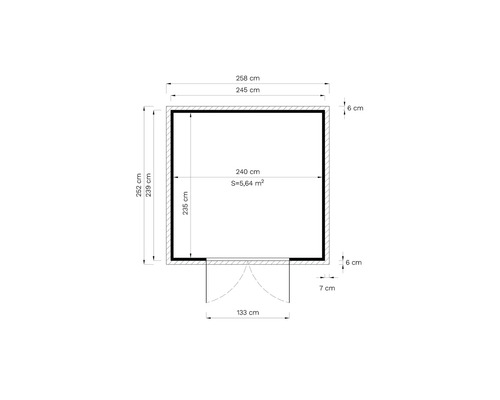 Planritning över ett trädgårdshus med måtten 258 gånger 252 centimeter