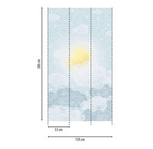 Tapet med moln- och solmotiv och måttangivelser
