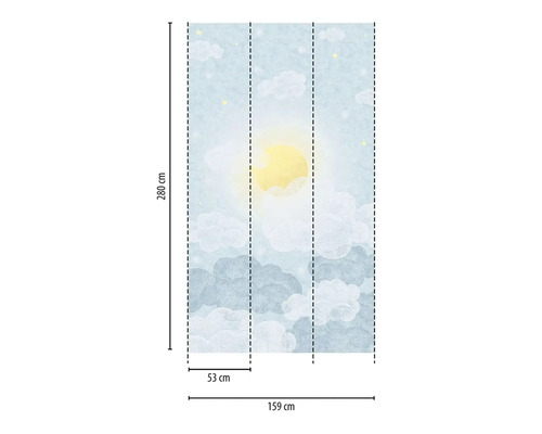 Tapet med moln- och solmotiv och måttangivelser
