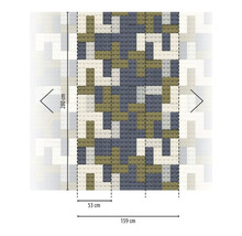 Bild av en väggbeklädnad med byggklossdesign och mått 280 cm hög och 159 cm bred