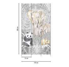 Fototapet med elefanter, panda och surikater i djungeln, måttangivelser