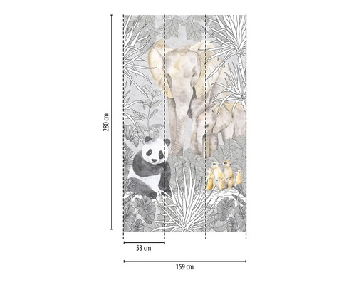 Fototapet med elefanter, panda och surikater i djungeln, måttangivelser