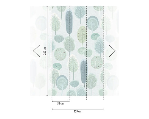 Fototapet med trädmotiv och måttangivelser