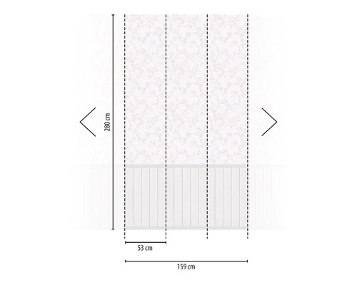 Mått på en tapet med blommönster, bestående av flera våder, där höjden är 280 cm och den totala bredden är 159 cm.