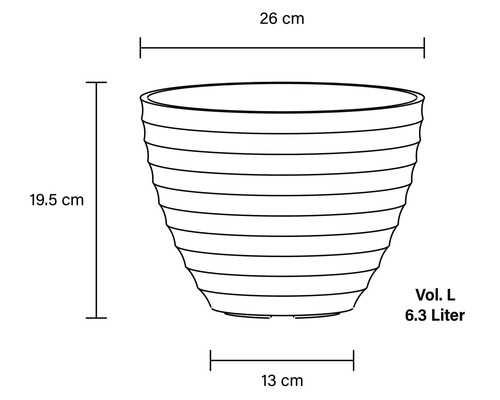 Teknisk ritning av en blomkruka med måtten 26 cm bred, 19,5 cm hög och 13 cm djup, volym 6,3 liter