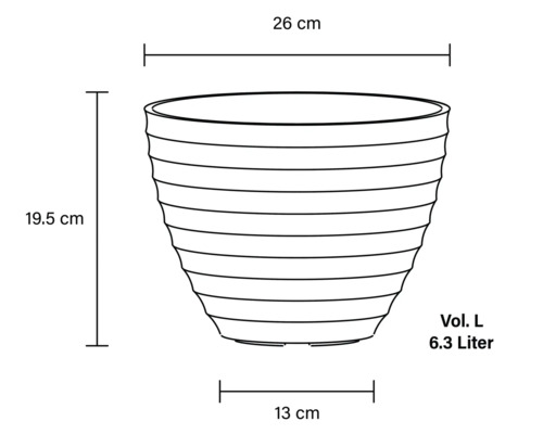 Teknisk ritning av en planteringslåda med måtten 26 centimeter bred, 19,5 centimeter hög och en volym på 6,3 liter