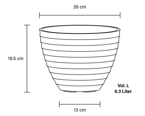 Skiss av en växtlåda med måtten 26 cm diameter upptill, 13 cm diameter nedtill, 19,5 cm höjd och 6,3 liter volym