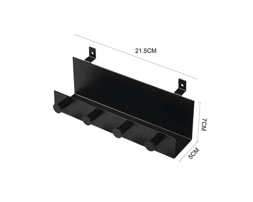 Svart garderob med fem krokar och måtten 21,5 cm x 7 cm x 5 cm