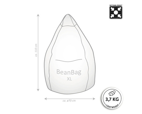 Bild på en sittsäck XL med måtten cirka 110 cm höjd och cirka 70 cm diameter, samt indikationerna sittposition och låg vikt på 3,7 kg.