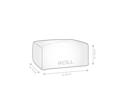 Illustration av en rektangulär kudde med måtten cirka 65 cm längd, cirka 55 cm bredd och cirka 35 cm höjd.