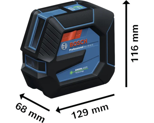Bosch Logo. Bosch GLL 20-22 G Professional krysslaser med måtten 116 x 68 x 129 mm.