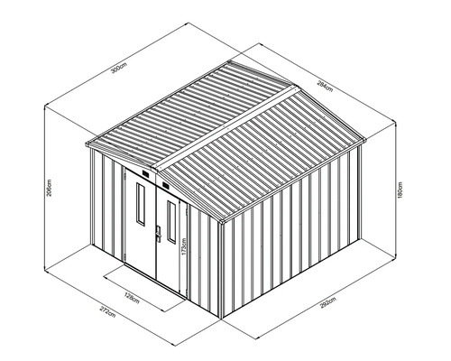 Illustration av ett trädgårdshus med mått