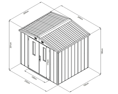 Ritning av ett trädgårdsskjul med mått