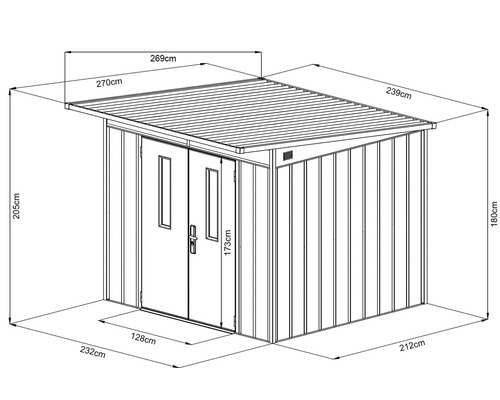 Illustration av ett förråd i metall med måttangivelser