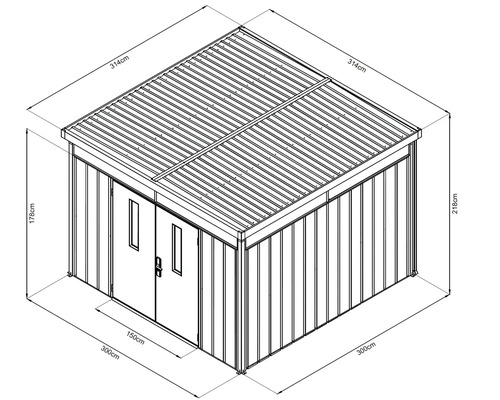 Bild på ett trädgårdsskjul med måtten 314 cm x 300 cm x 218 cm