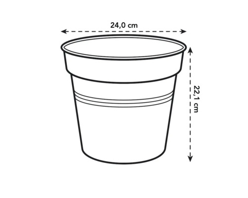 Illustration av en blomkruka med måtten 24,0 cm i diameter och 22,1 cm i höjd.