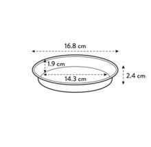 Ritning av en rund växtskål med måtten 16,8 cm ytterdiameter, 14,3 cm innerdiameter, 1,9 cm höjd inuti, 2,4 cm höjd utvändigt