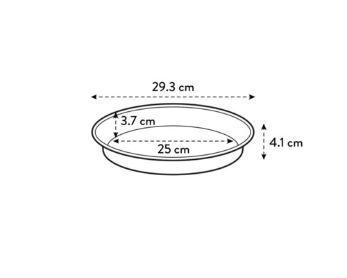 Teknisk ritning av en rund växtskål med måtten 29,3 cm x 25 cm x 4,1 cm x 3,7 cm.