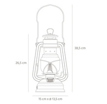 Mått på en fotogenlampa: höjd 38,5 cm, bredd 15 cm, diameter 13,5 cm.