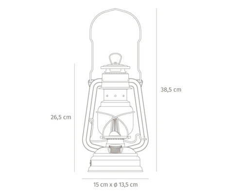 Mått på en fotogenlampa: höjd 38,5 cm, bredd 15 cm, diameter 13,5 cm.