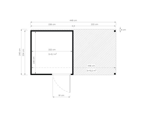 Planritning av ett trädgårdshus med terrass och måttangivelser