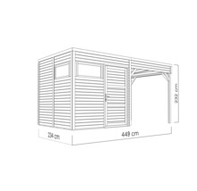 Illustration av ett trädgårdshus med ett djup på 234 centimeter, en bredd på 449 centimeter och en höjd på 232 centimeter.