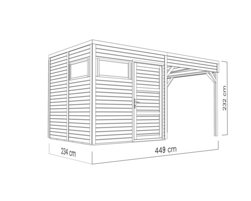 Illustration av ett trädgårdshus med ett djup på 234 centimeter, en bredd på 449 centimeter och en höjd på 232 centimeter.