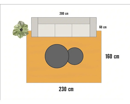Skiss av en trädgård med soffa, bord och växt med mått