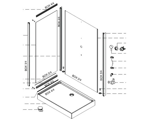 Sprängskiss av duschkabin med duschkar och monteringstillbehör