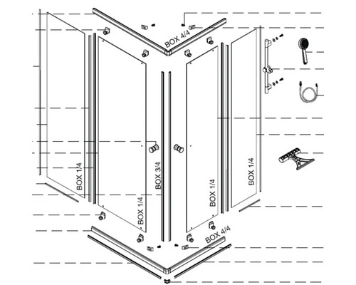 Sprängskiss av en duschkabin med tillbehör.