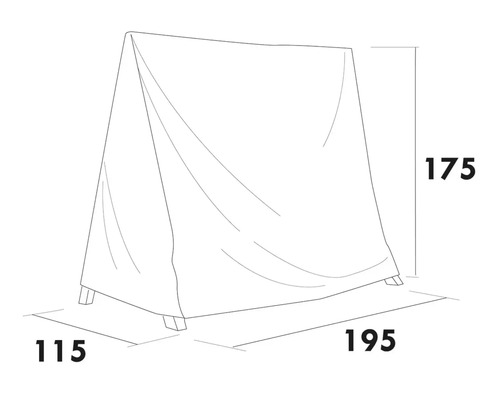 Skyddshölje med måtten 115 x 195 x 175 cm som schematisk ritning