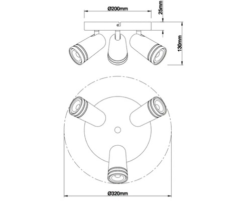 Teknisk ritning av en taklampa med tre spotlights och måttangivelser