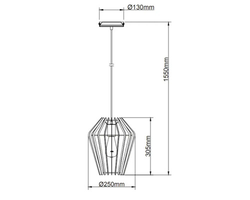 Teknisk ritning av en taklampa med måtten diameter 130 mm, diameter 250 mm, höjd 305 mm och längd 1550 mm.
