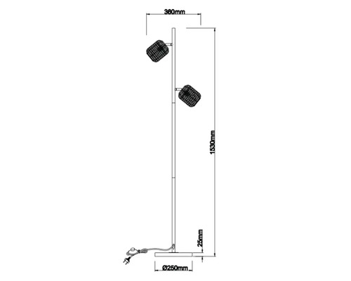 Teknisk ritning av en golvlampa med två spotlights, dimensioner 360 mm bred och 1530 mm hög.