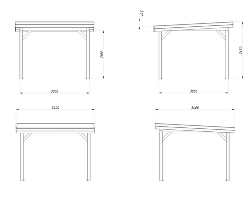Teknisk ritning av carport med måttangivelser