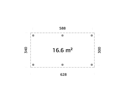 Planlösning med dimensioner: 628 gånger 340 centimeter och 588 gånger 300 centimeter, yta 16,6 kvadratmeter