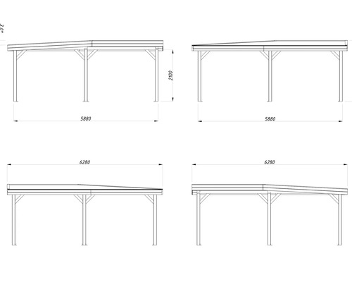 Teknisk ritning av en träcarport med dimensioner