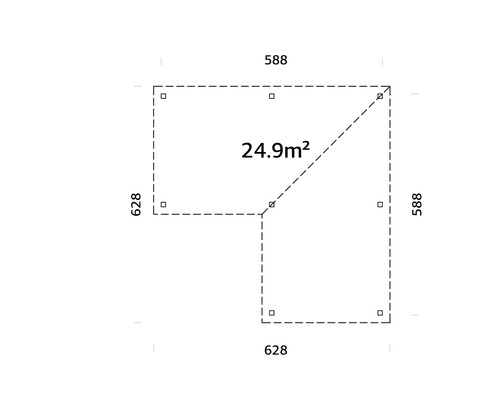Ritning av ett trädgårdshus med måtten 588 x 628 cm och en yta på 24,9 kvadratmeter.