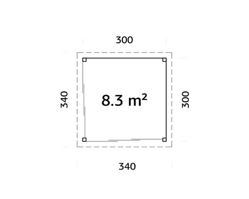 Ritning med måtten 340 gånger 340 och 300 gånger 300 med en yta på 8,3 kvadratmeter