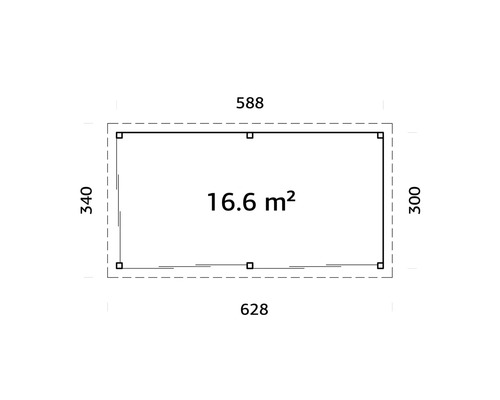 Planritning med måtten 588 x 340 x 628 x 300 och en yta på 16,6 kvadratmeter