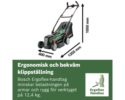 Bosch gräsklippare med måtten 400 mm bred, 1355 mm lång och 1050 mm hög