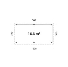 Ritning med måtten 588 x 340 x 628 x 300 cm och en yta på 16,6 kvadratmeter