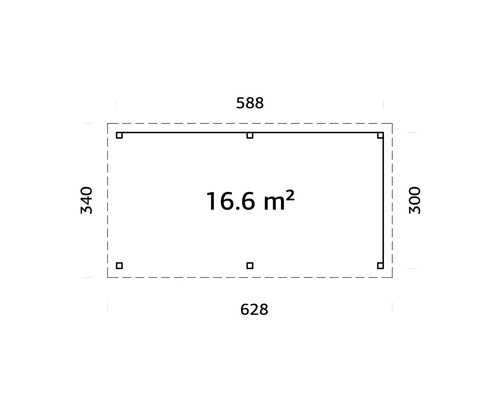 Ritning med måtten 588 x 340 x 628 x 300 cm och en yta på 16,6 kvadratmeter