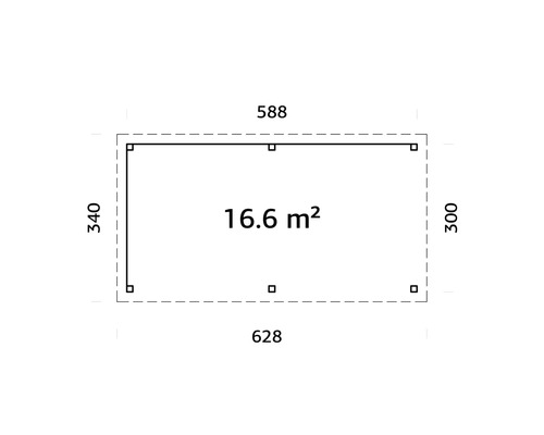 Ritning med måtten 588 gånger 340, 628 gånger 300 och 16,6 kvadratmeter yta