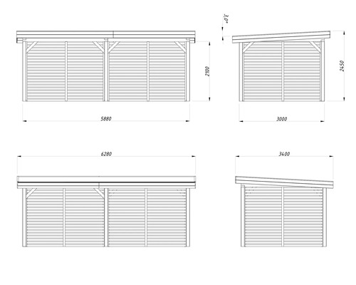 Teknisk ritning av en carport med sidoväggar och mått.