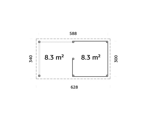 Ritning av ett trädgårdshus med måtten 588 gånger 628 centimeter