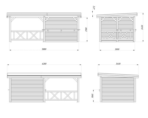 Teknisk ritning av en paviljong med dimensioner