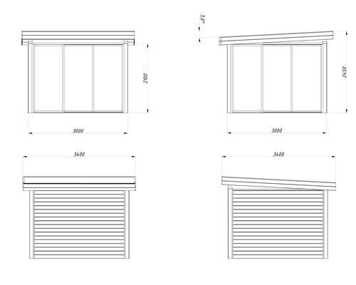 Teknisk ritning av ett trädgårdsskjul med skjutdörr och måtten 3400, 3000, 2450 och 2100.