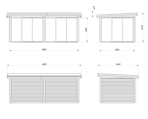 Teknisk ritning av ett trädgårdshus med mått