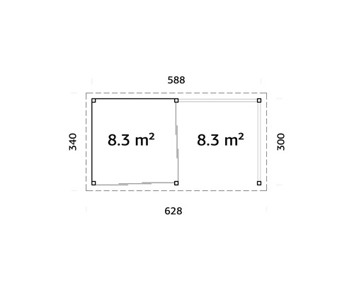Ritningsplan med två rum på 8,3 kvadratmeter vardera och dimensioner